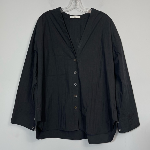 CO Collections V-Neck Blouse in Cotton Blend Poplin Black S Luxury Minimalist - Picture 8 of 16
